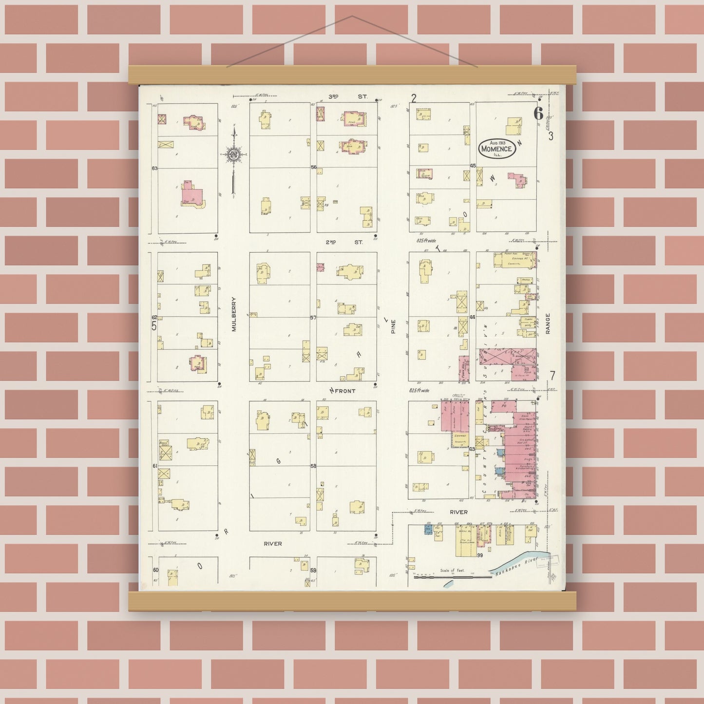 Old map wall art mockup — magnetic wood frame on brick wall — Sanborn Fire Insurance Map from Momence, Kankakee County, Illinois (1913), Sheet #0006