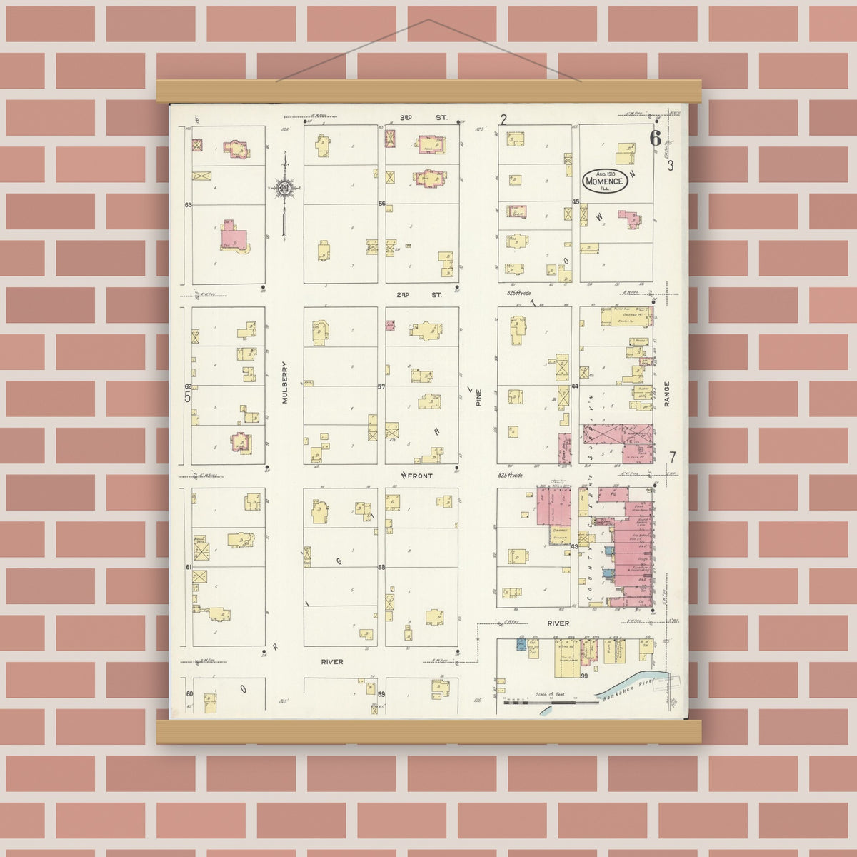 Old map wall art mockup — magnetic wood frame on brick wall — Sanborn Fire Insurance Map from Momence, Kankakee County, Illinois (1913), Sheet #0006