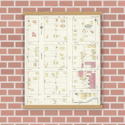 Old map wall art mockup — magnetic wood frame on brick wall — Sanborn Fire Insurance Map from Momence, Kankakee County, Illinois (1913), Sheet #0006