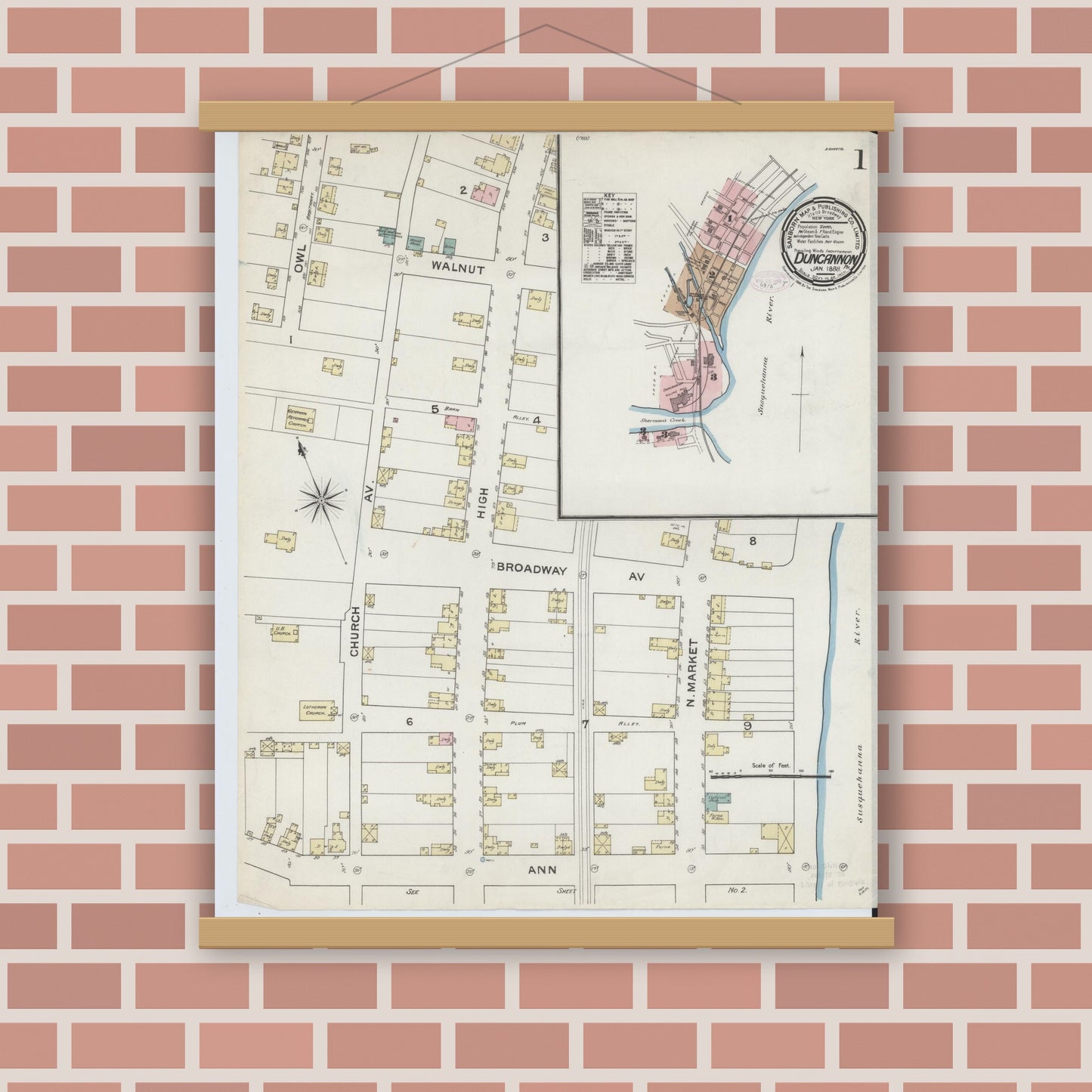 Old map wall art mockup — magnetic wood frame on brick wall — Sanborn Fire Insurance Map from Duncannon, Perry County, Pennsylvania (1888), Sheet #0001