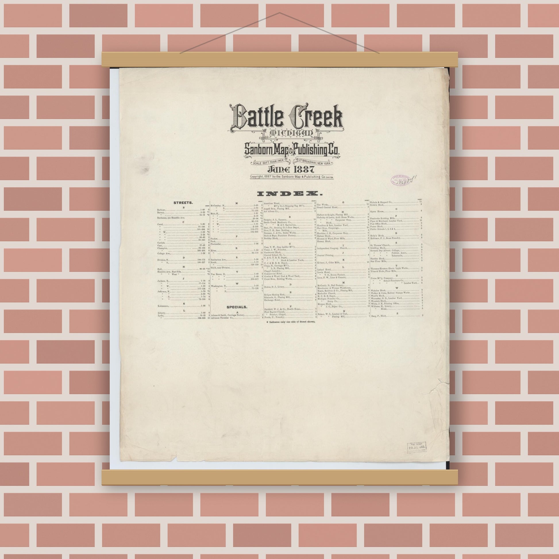 Old map wall art mockup — magnetic wood frame on brick wall — Sanborn Fire Insurance Map from Battle Creek, Calhoun County, Michigan (1887), Sheet #0001
