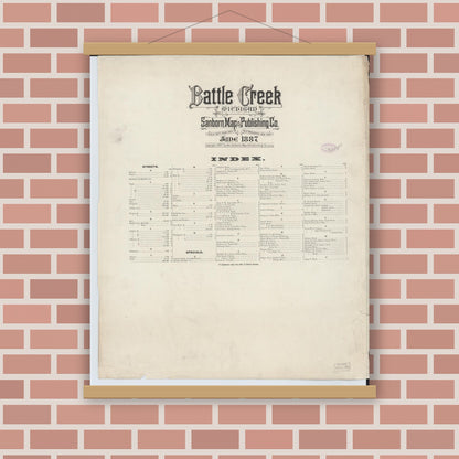 Old map wall art mockup — magnetic wood frame on brick wall — Sanborn Fire Insurance Map from Battle Creek, Calhoun County, Michigan (1887), Sheet #0001