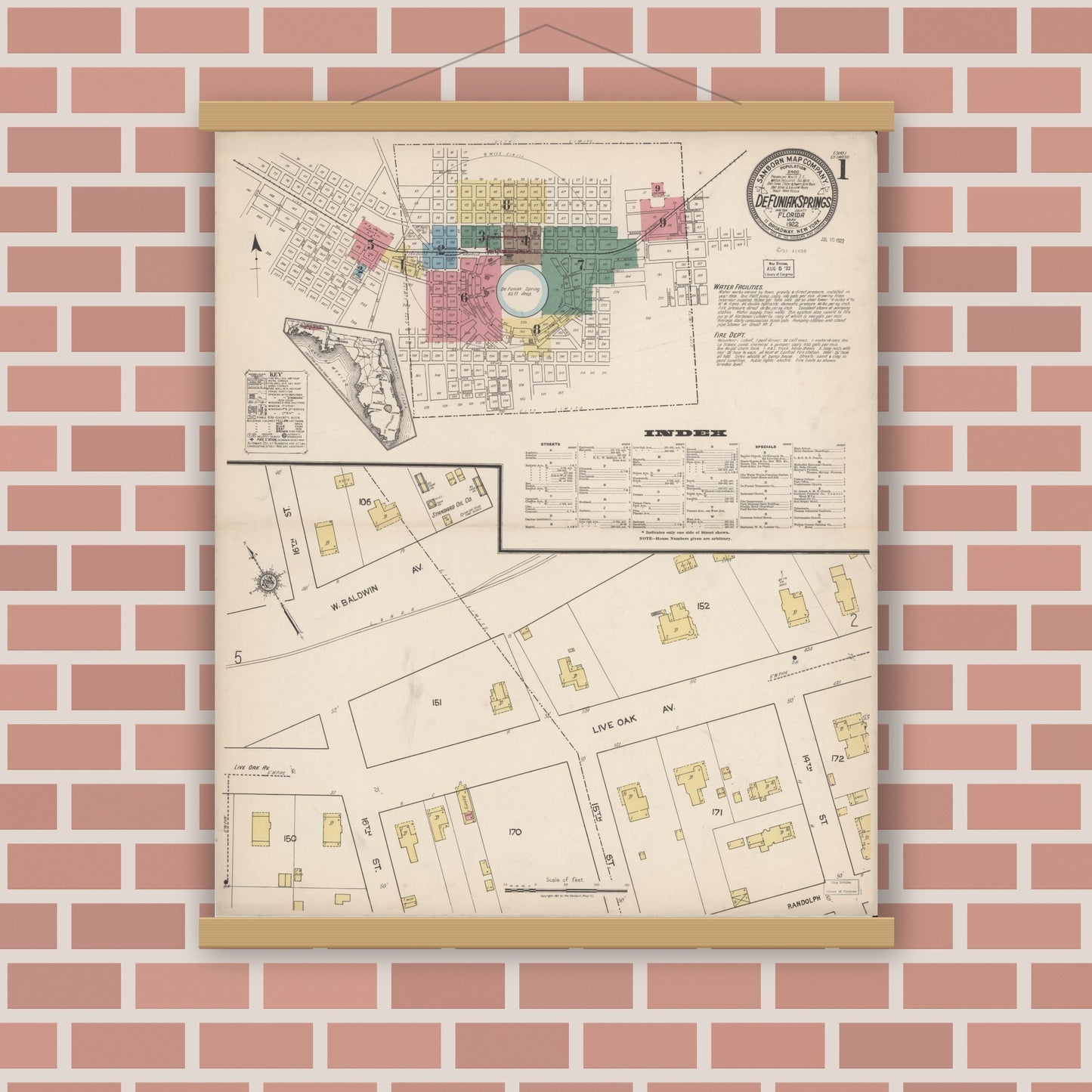 Old map wall art mockup — magnetic wood frame on brick wall — Sanborn Fire Insurance Map from De Funiak Springs, Walton County, Florida (1922), Sheet #0001