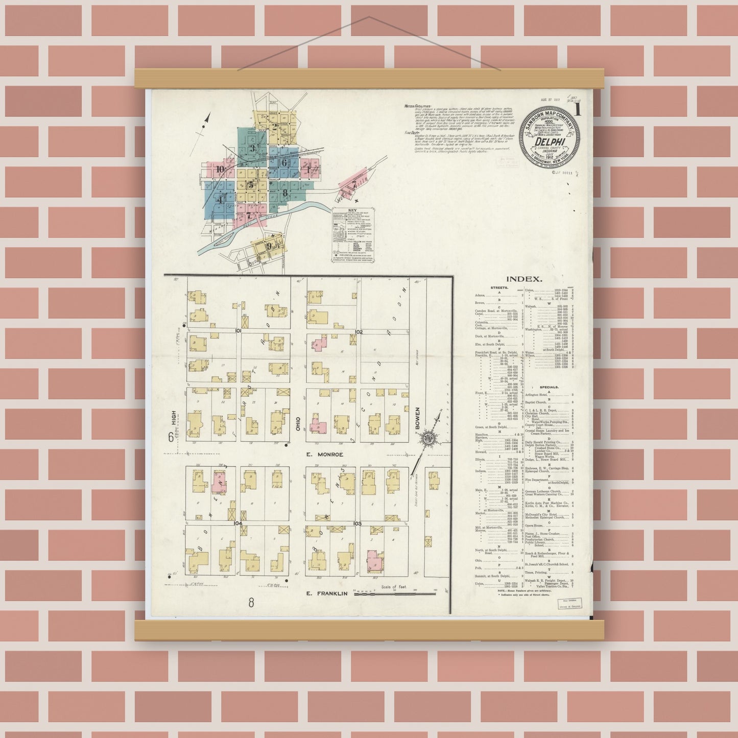 Old map wall art mockup — magnetic wood frame on brick wall — Sanborn Fire Insurance Map from Delphi, Carroll County, Indiana (1912), Sheet #0001