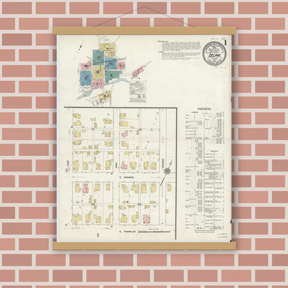 Old map wall art mockup — magnetic wood frame on brick wall — Sanborn Fire Insurance Map from Delphi, Carroll County, Indiana (1912), Sheet #0001