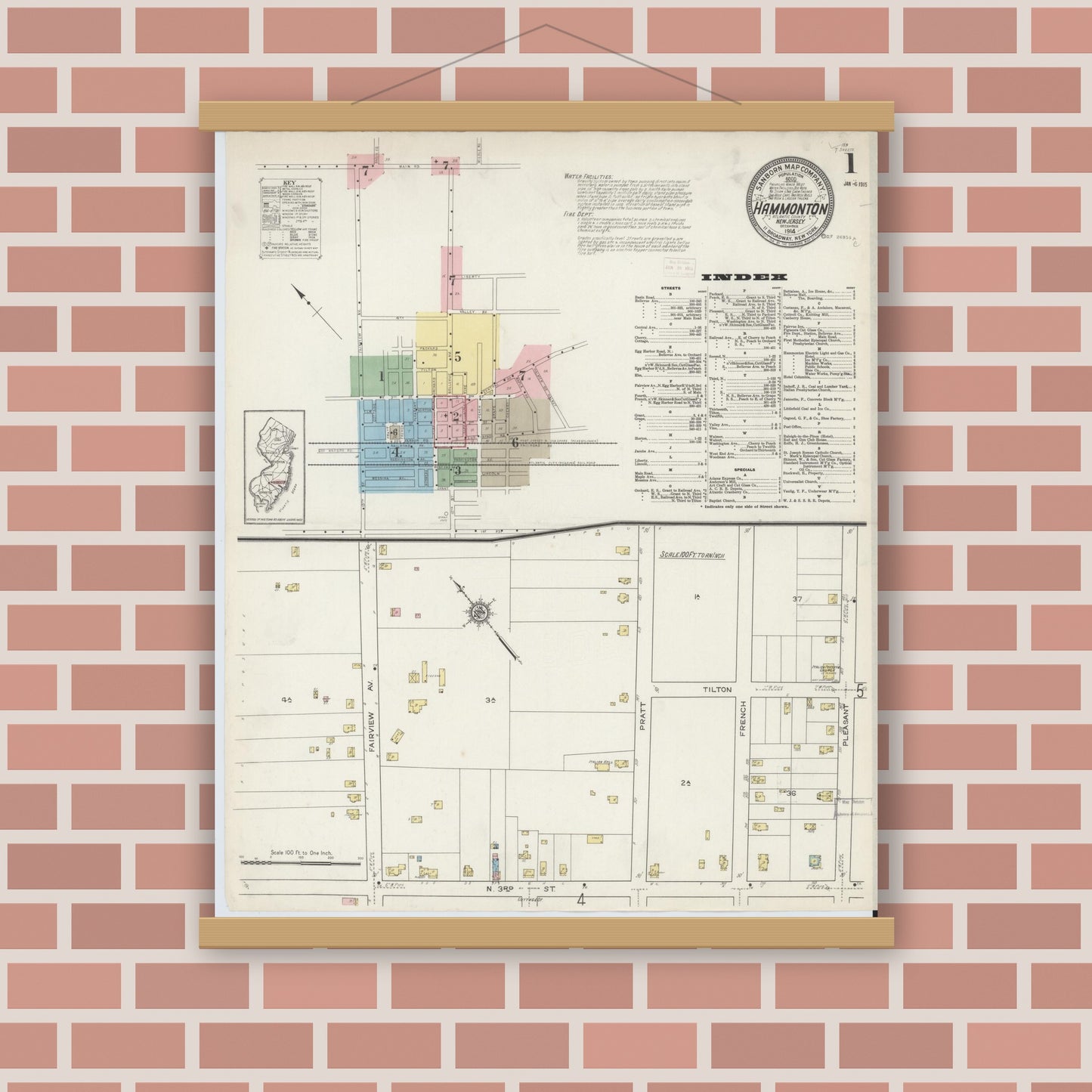 Old map wall art mockup — magnetic wood frame on brick wall — Sanborn Fire Insurance Map from Hammonton, Atlantic County, New Jersey (1914) - Complete Map Set