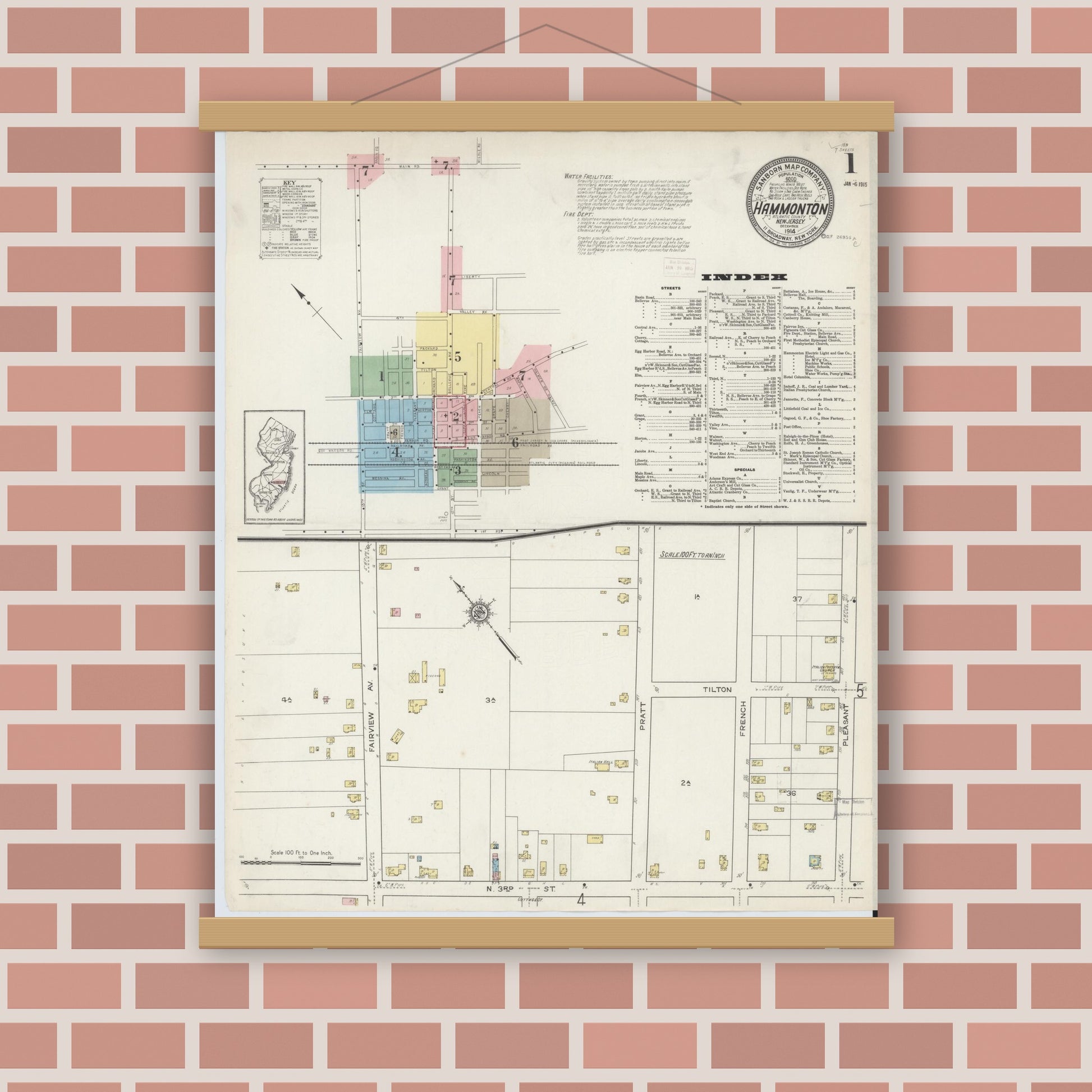 Old map wall art mockup — magnetic wood frame on brick wall — Sanborn Fire Insurance Map from Hammonton, Atlantic County, New Jersey (1914) - Complete Map Set