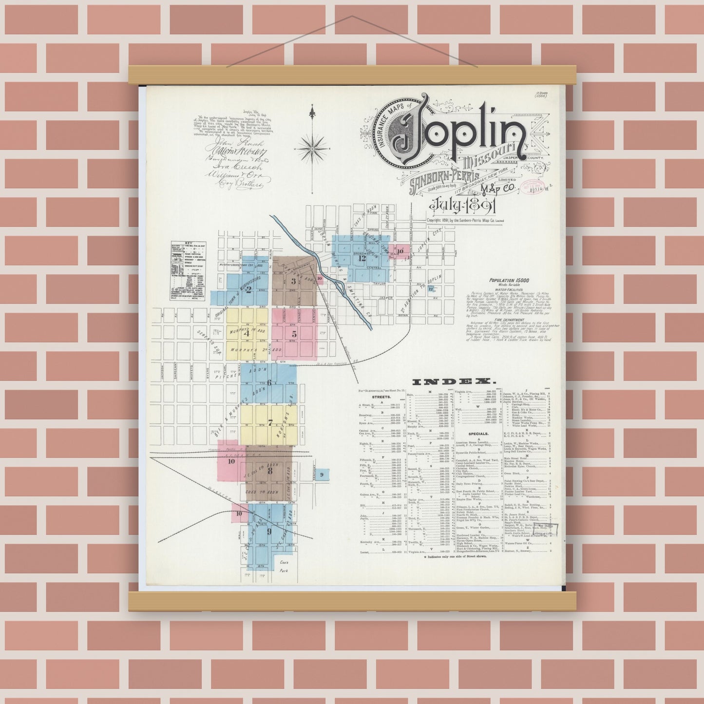 Old map wall art mockup — magnetic wood frame on brick wall — Sanborn Fire Insurance Map from Joplin, Jasper County, Missouri (1891) - Complete Map Set