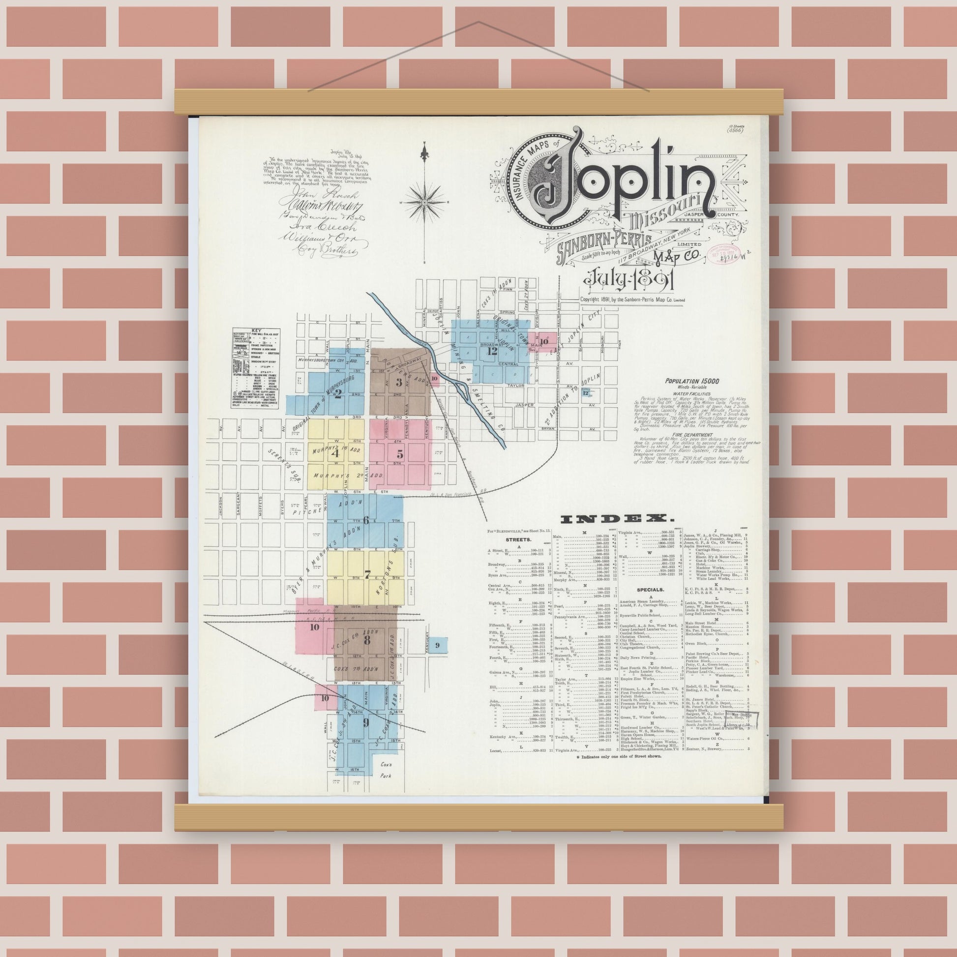 Old map wall art mockup — magnetic wood frame on brick wall — Sanborn Fire Insurance Map from Joplin, Jasper County, Missouri (1891) - Complete Map Set