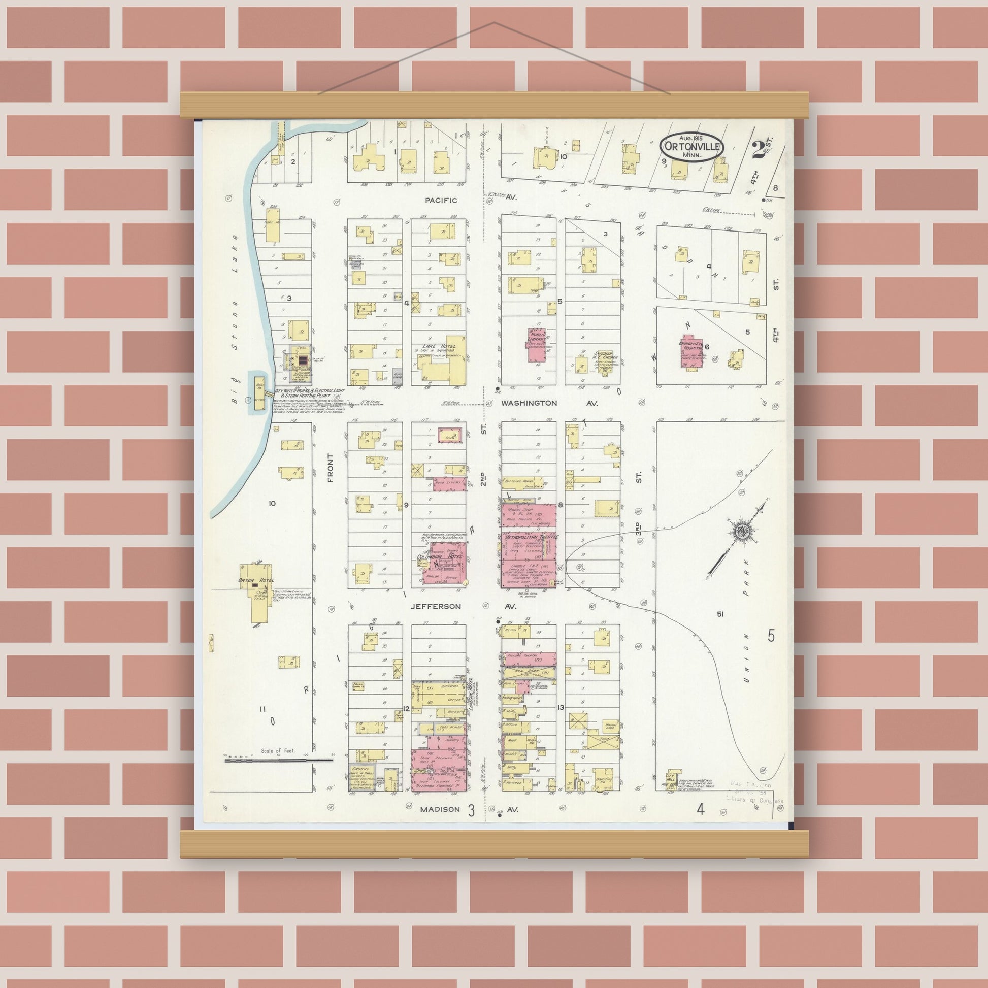 Old map wall art mockup — magnetic wood frame on brick wall — Sanborn Fire Insurance Map from Ortonville, Big Stone County, Minnesota (1915), Sheet #0002