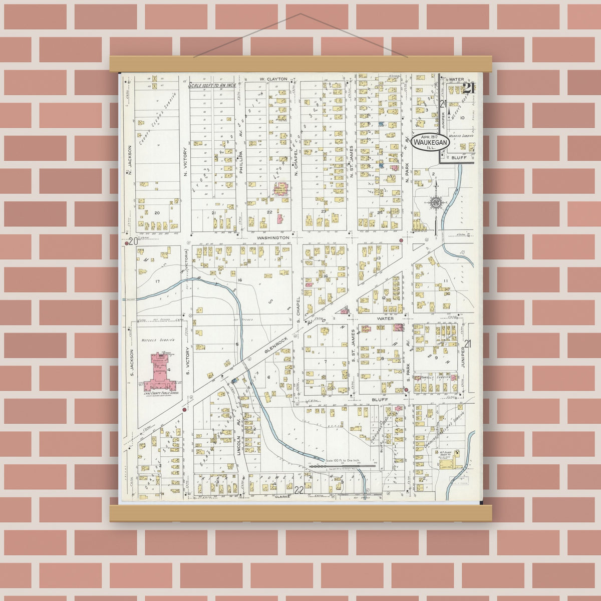 Old map wall art mockup — magnetic wood frame on brick wall — Sanborn Fire Insurance Map from Waukegan, Lake County, Illinois (1917), Sheet #0021