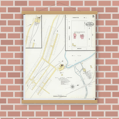 Old map wall art mockup — magnetic wood frame on brick wall — Sanborn Fire Insurance Map from West Branch, Ogemaw County, Michigan (1904), Sheet #0005