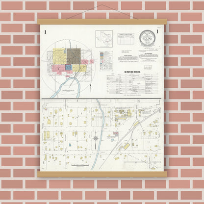 Old map wall art mockup — magnetic wood frame on brick wall — Sanborn Fire Insurance Map from Goliad, Goliad County, Texas (1934), Sheet #0001