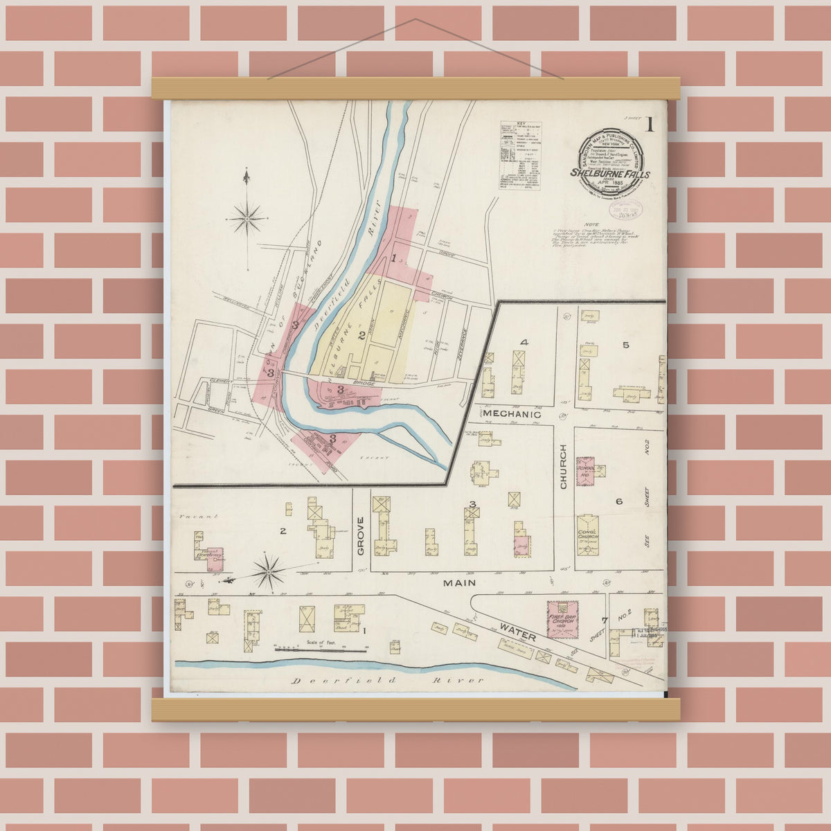Old map wall art mockup — magnetic wood frame on brick wall — Sanborn Fire Insurance Map from Shelburne Falls, Franklin County, Massachusetts (1885) - Complete Map Set