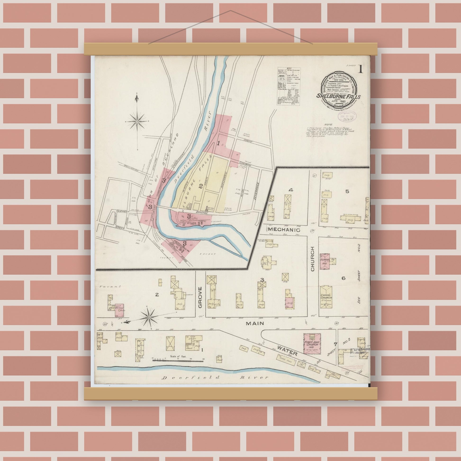 Old map wall art mockup — magnetic wood frame on brick wall — Sanborn Fire Insurance Map from Shelburne Falls, Franklin County, Massachusetts (1885) - Complete Map Set