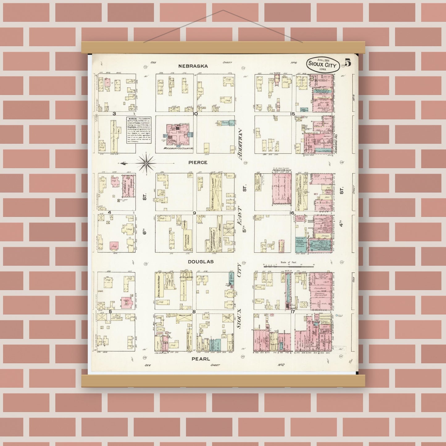 Old map wall art mockup — magnetic wood frame on brick wall — Sanborn Fire Insurance Map from Sioux City, Woodbury County, Iowa (1884), Sheet #0005