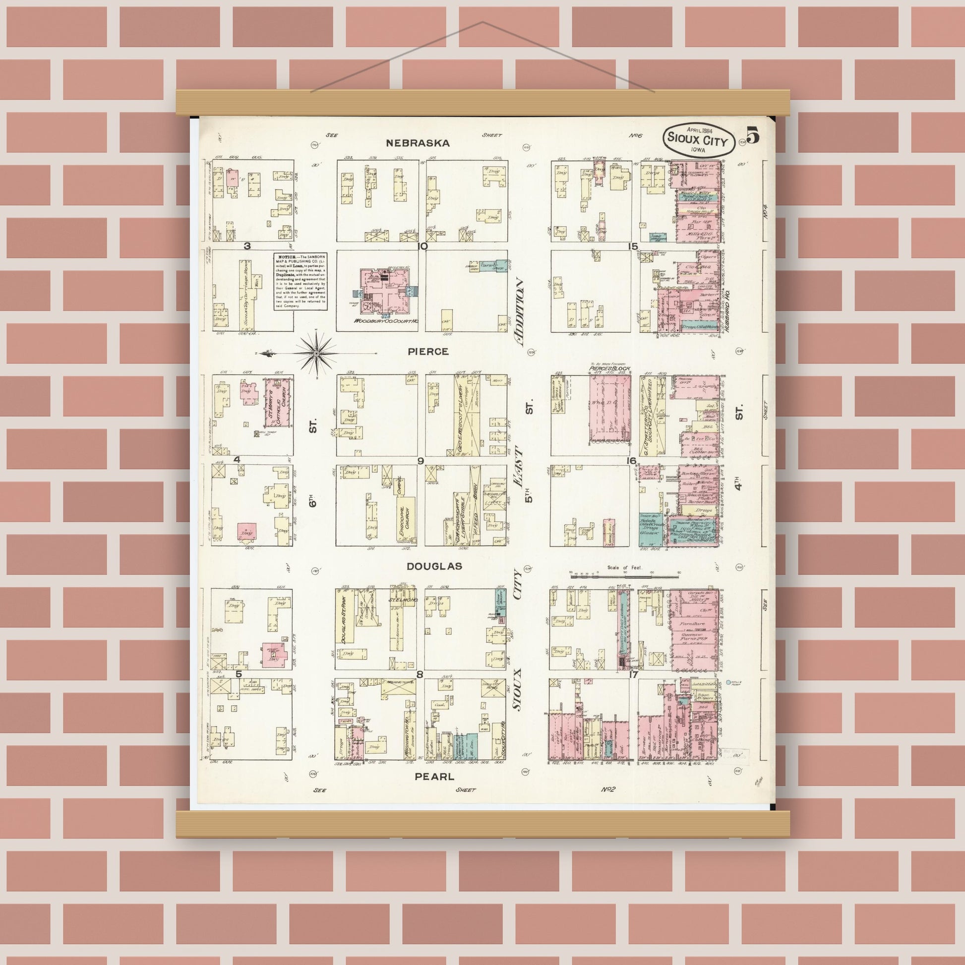 Old map wall art mockup — magnetic wood frame on brick wall — Sanborn Fire Insurance Map from Sioux City, Woodbury County, Iowa (1884), Sheet #0005