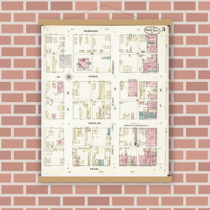 Old map wall art mockup — magnetic wood frame on brick wall — Sanborn Fire Insurance Map from Sioux City, Woodbury County, Iowa (1884), Sheet #0005