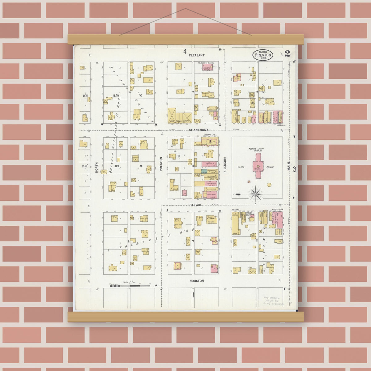 Old map wall art mockup — magnetic wood frame on brick wall — Sanborn Fire Insurance Map from Preston, Fillmore County, Minnesota (1900), Sheet #0002