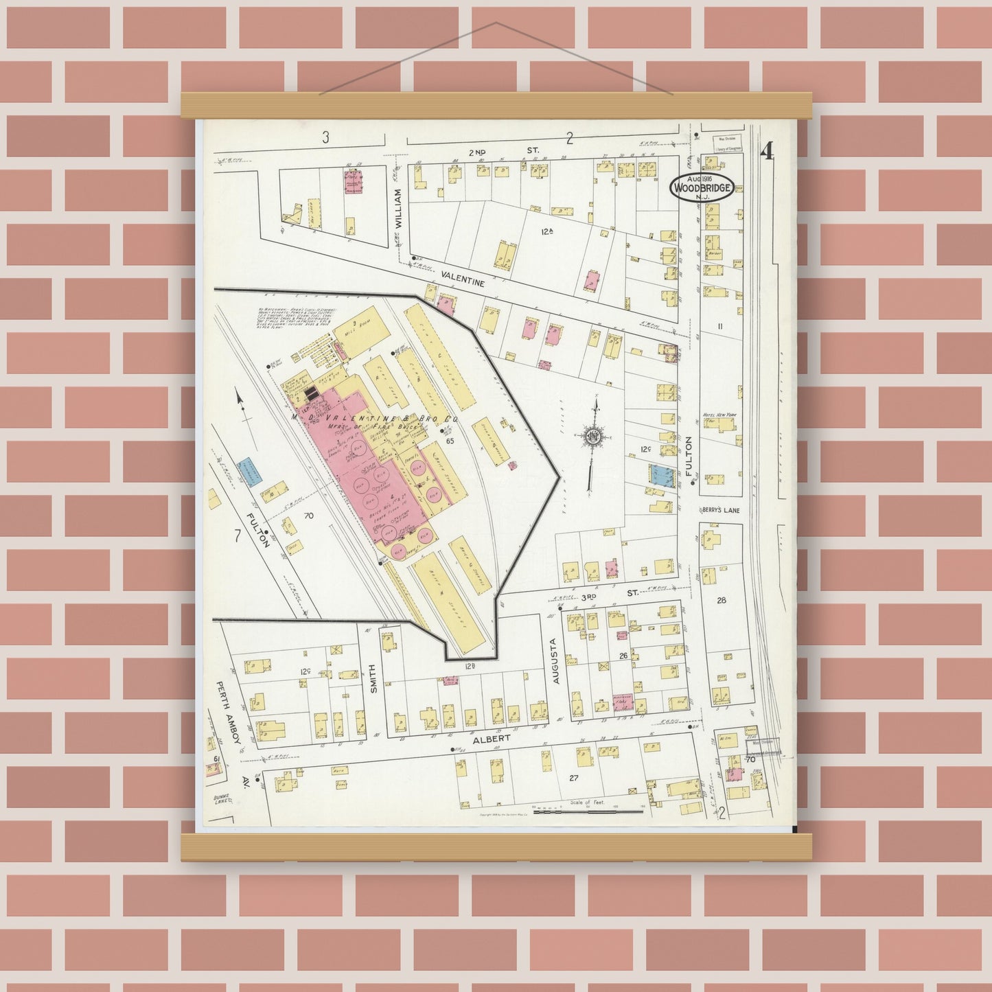 Old map wall art mockup — magnetic wood frame on brick wall — Sanborn Fire Insurance Map from Woodbridge, Middlesex County, New Jersey (1916), Sheet #0004