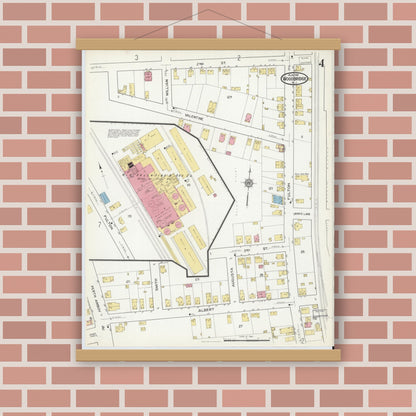 Old map wall art mockup — magnetic wood frame on brick wall — Sanborn Fire Insurance Map from Woodbridge, Middlesex County, New Jersey (1916), Sheet #0004