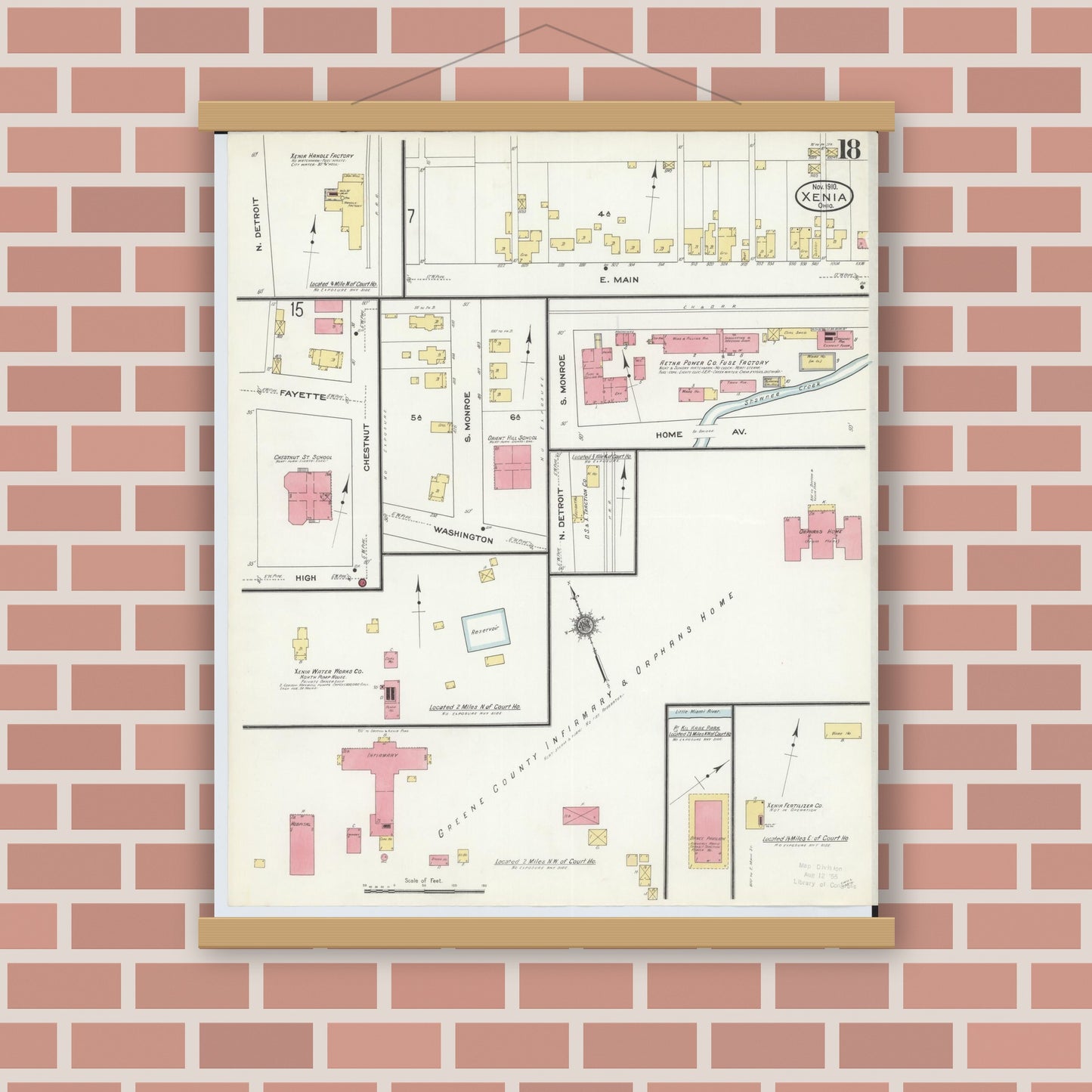 Old map wall art mockup — magnetic wood frame on brick wall — Sanborn Fire Insurance Map from Xenia, Greene County, Ohio (1910), Sheet #0018