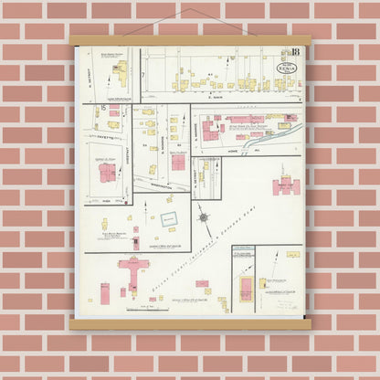 Old map wall art mockup — magnetic wood frame on brick wall — Sanborn Fire Insurance Map from Xenia, Greene County, Ohio (1910), Sheet #0018