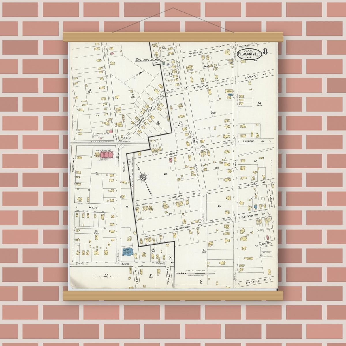 Old map wall art mockup — magnetic wood frame on brick wall — Sanborn Fire Insurance Map from Pleasantville, Atlantic County, New Jersey (1917), Sheet #0008