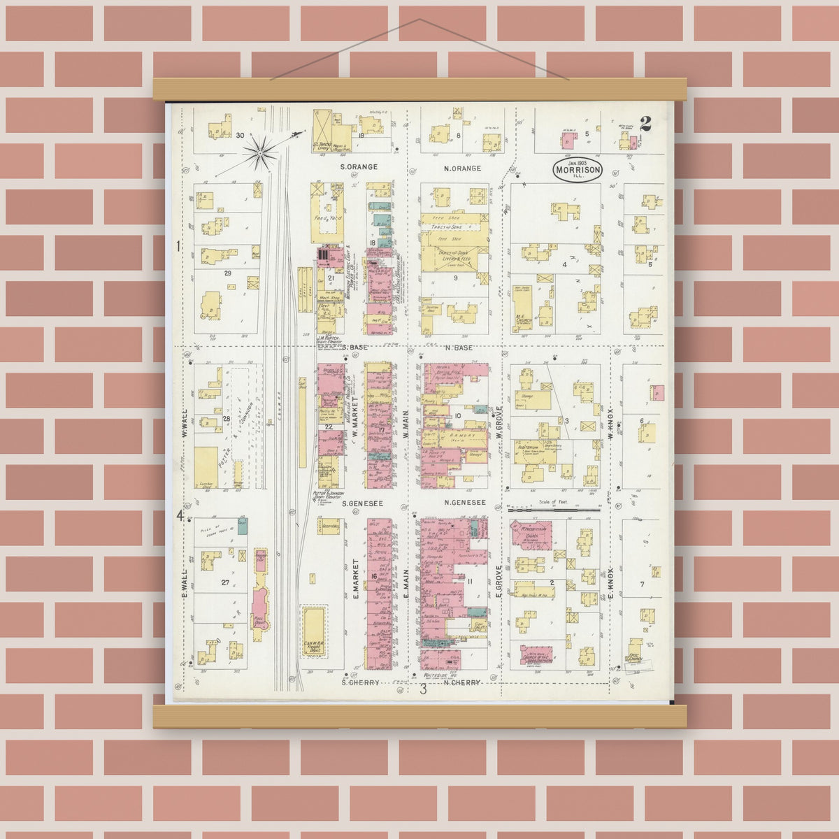 Old map wall art mockup — magnetic wood frame on brick wall — Sanborn Fire Insurance Map from Morrison, Whiteside County, Illinois (1903), Sheet #0002