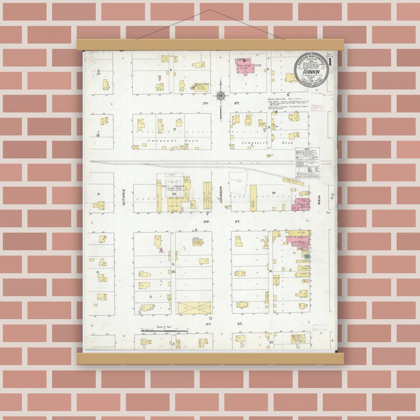 Old map wall art mockup — magnetic wood frame on brick wall — Sanborn Fire Insurance Map from Rankin, Vermilion County, Illinois (1910) - Complete Map Set