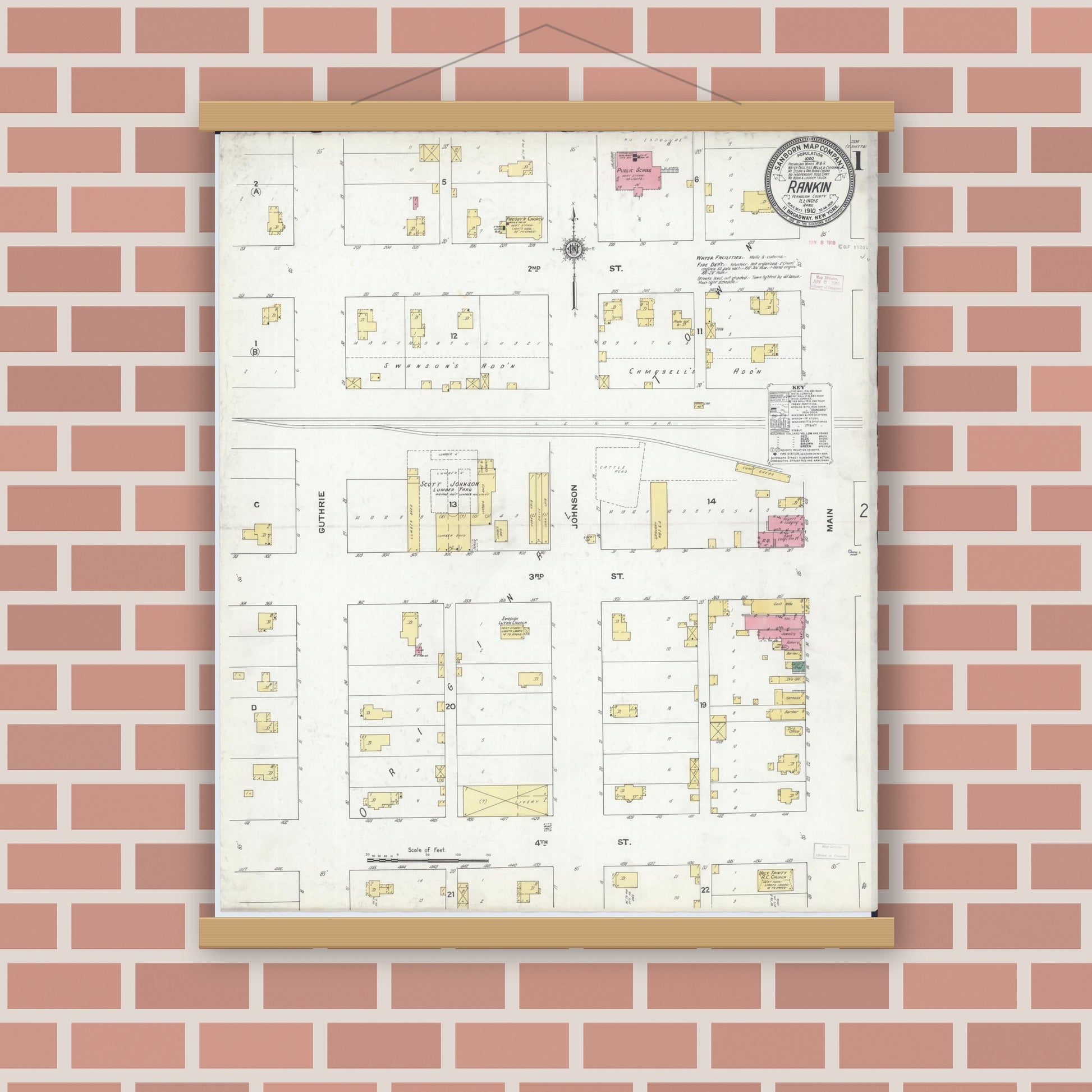 Old map wall art mockup — magnetic wood frame on brick wall — Sanborn Fire Insurance Map from Rankin, Vermilion County, Illinois (1910) - Complete Map Set