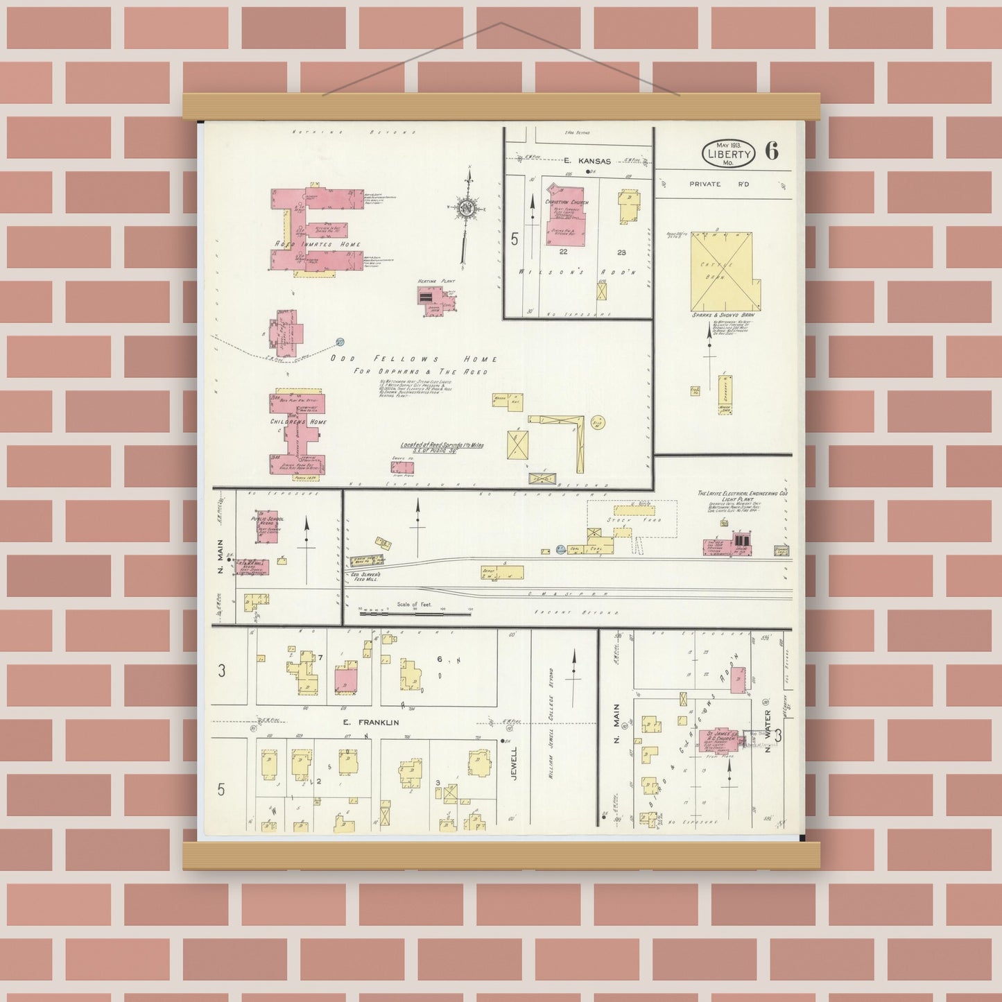 Old map wall art mockup — magnetic wood frame on brick wall — Sanborn Fire Insurance Map from Liberty, Clay County, Missouri (1913), Sheet #0006