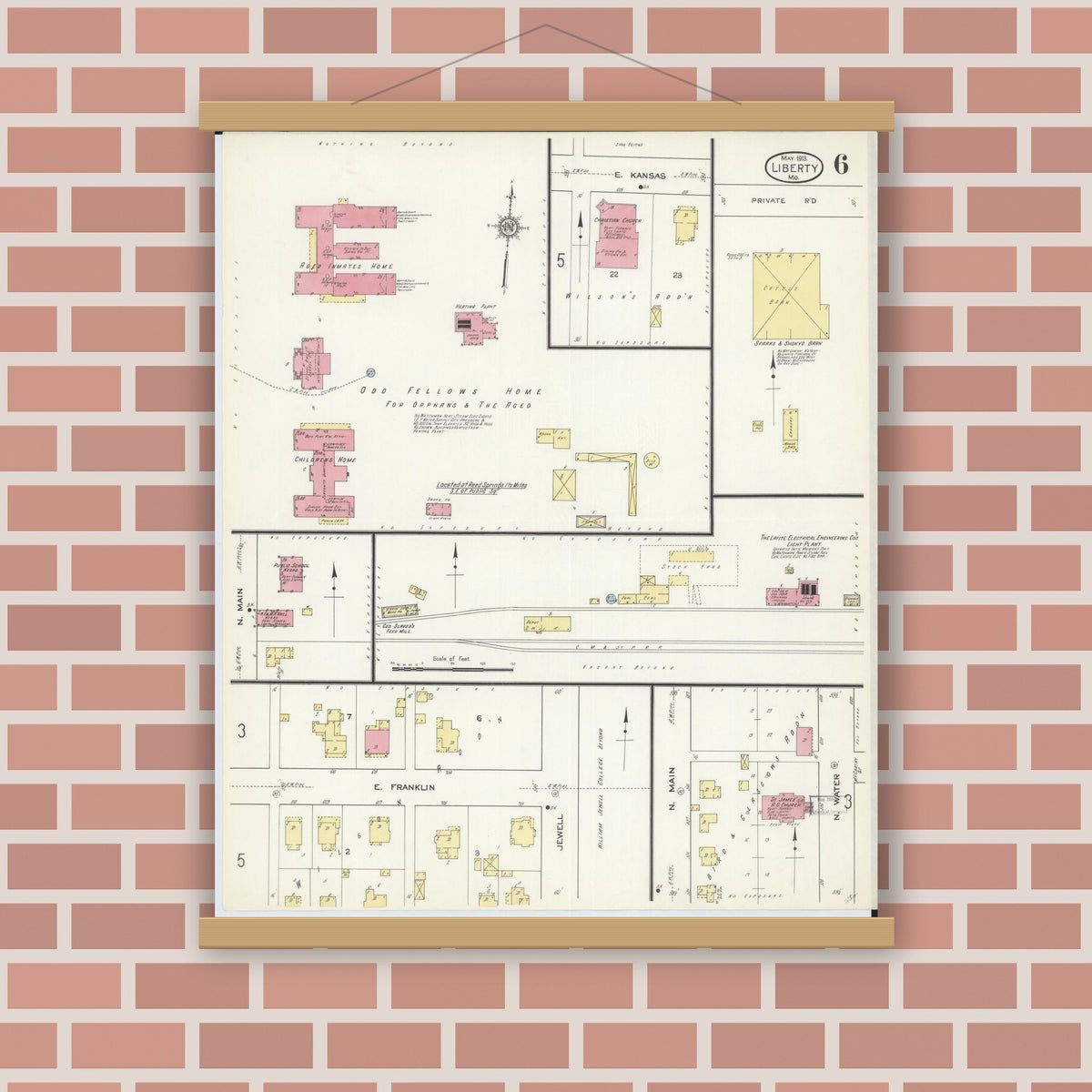 Old map wall art mockup — magnetic wood frame on brick wall — Sanborn Fire Insurance Map from Liberty, Clay County, Missouri (1913), Sheet #0006