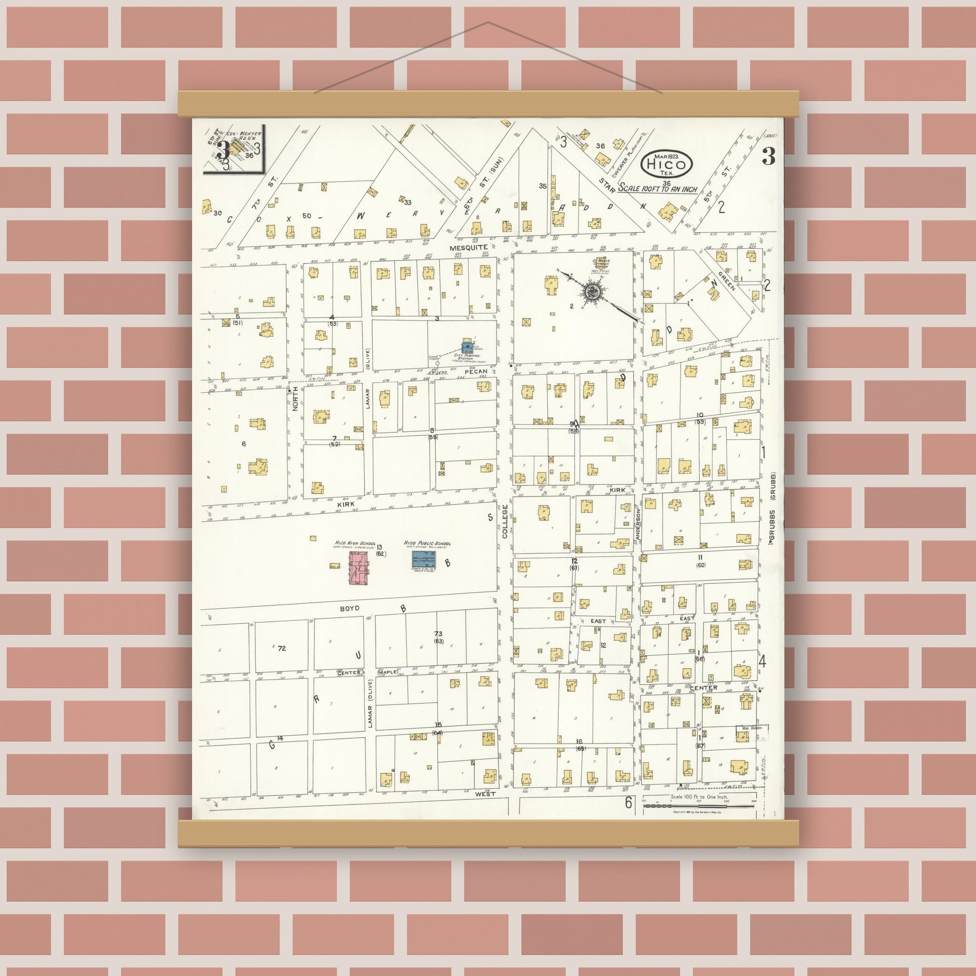 Old map wall art mockup — magnetic wood frame on brick wall — Sanborn Fire Insurance Map from Hico, Hamilton County, Texas (1923), Sheet #0003