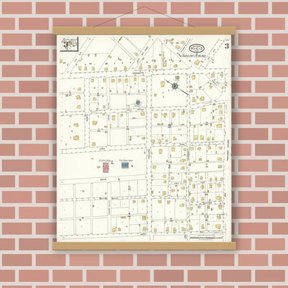 Old map wall art mockup — magnetic wood frame on brick wall — Sanborn Fire Insurance Map from Hico, Hamilton County, Texas (1923), Sheet #0003