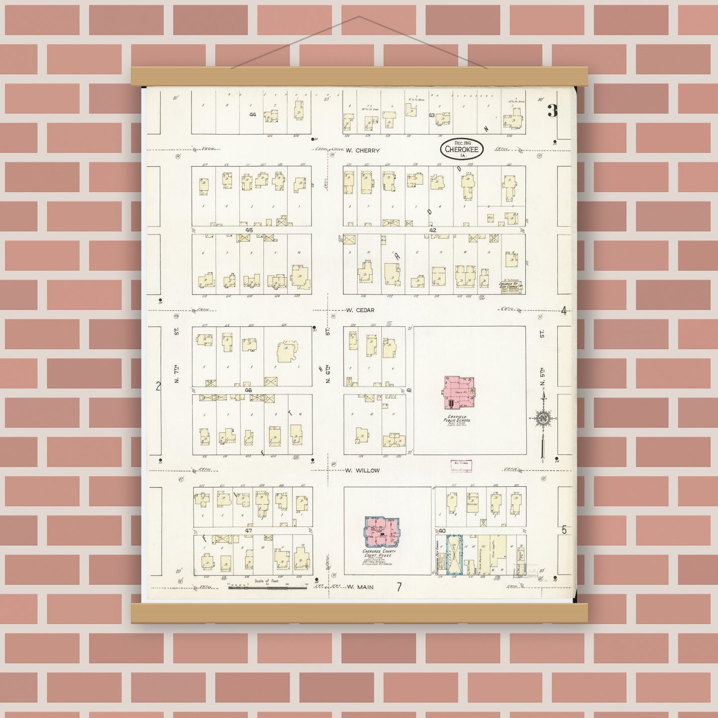 Old map wall art mockup — magnetic wood frame on brick wall — Sanborn Fire Insurance Map from Cherokee, Cherokee County, Iowa (1914), Sheet #0003