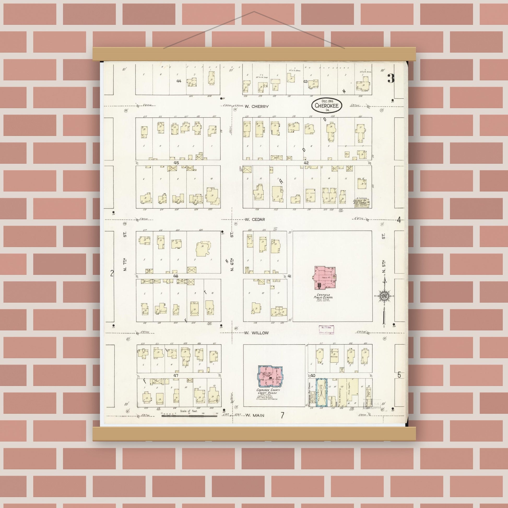 Old map wall art mockup — magnetic wood frame on brick wall — Sanborn Fire Insurance Map from Cherokee, Cherokee County, Iowa (1914), Sheet #0003