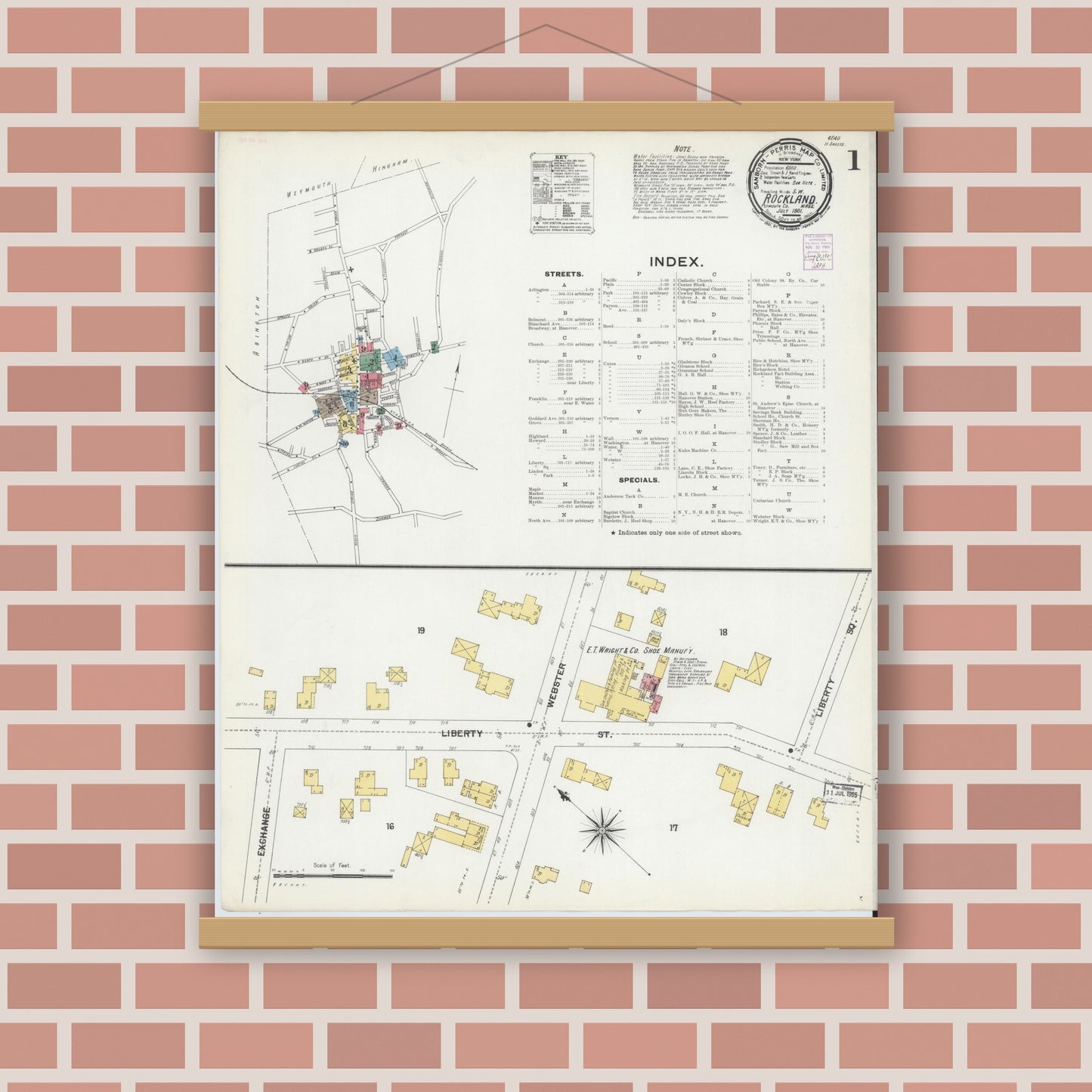 Old map wall art mockup — magnetic wood frame on brick wall — Sanborn Fire Insurance Map from Rockland, Plymouth County, Massachusetts (1901), Sheet #0001