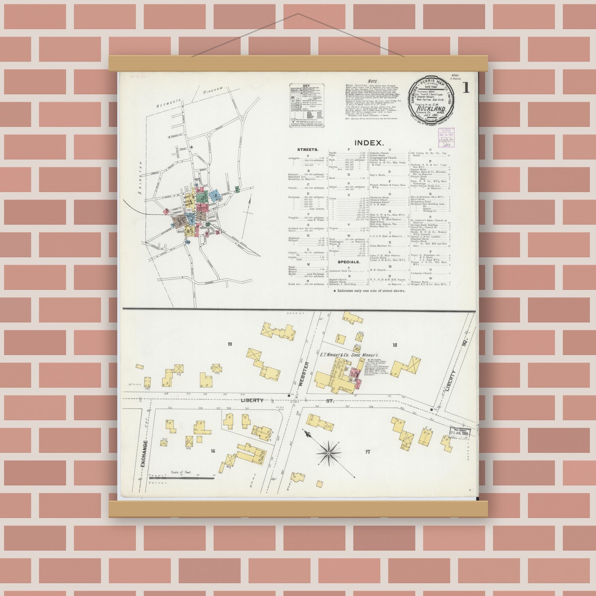 Old map wall art mockup — magnetic wood frame on brick wall — Sanborn Fire Insurance Map from Rockland, Plymouth County, Massachusetts (1901), Sheet #0001