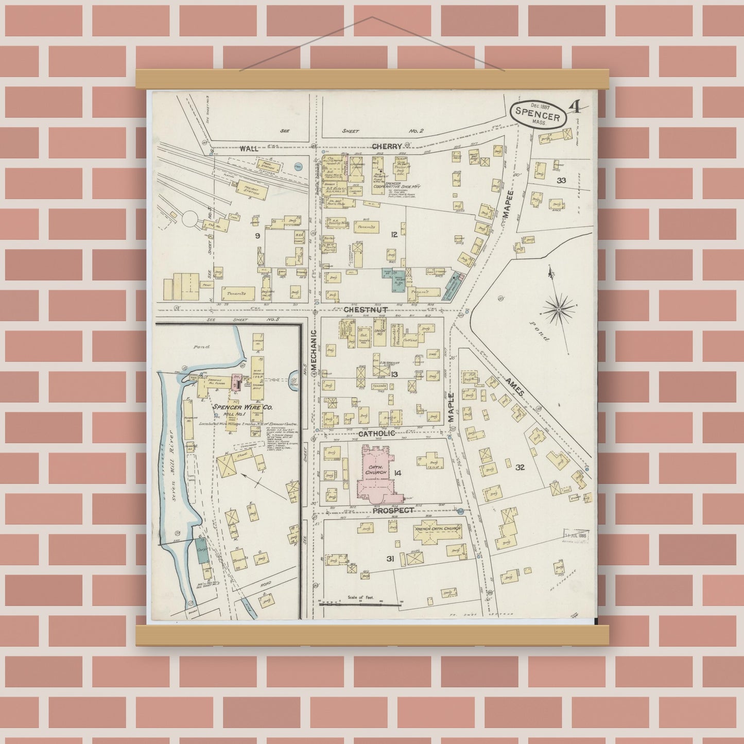 Old map wall art mockup — magnetic wood frame on brick wall — Sanborn Fire Insurance Map from Spencer, Worcester County, Massachusetts (1887), Sheet #0004