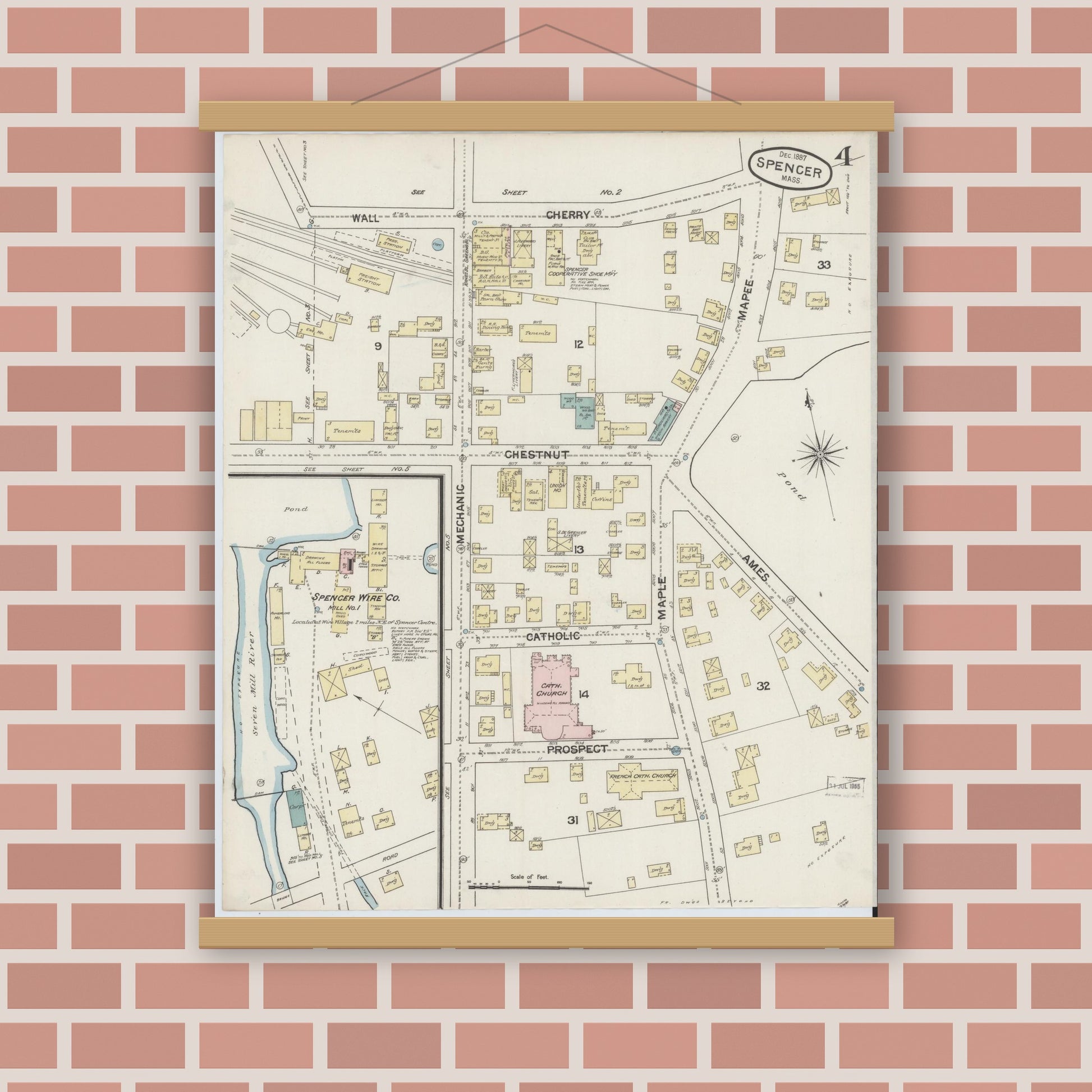 Old map wall art mockup — magnetic wood frame on brick wall — Sanborn Fire Insurance Map from Spencer, Worcester County, Massachusetts (1887), Sheet #0004