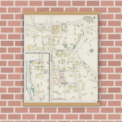 Old map wall art mockup — magnetic wood frame on brick wall — Sanborn Fire Insurance Map from Spencer, Worcester County, Massachusetts (1887), Sheet #0004