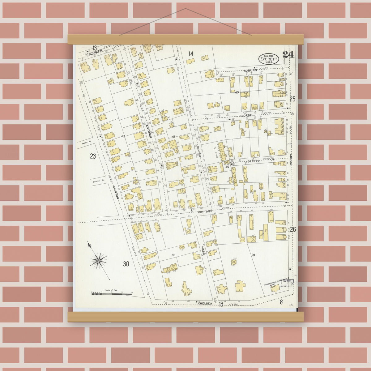 Old map wall art mockup — magnetic wood frame on brick wall — Sanborn Fire Insurance Map from Everett, Middlesex County, Massachusetts (1903), Sheet #0024
