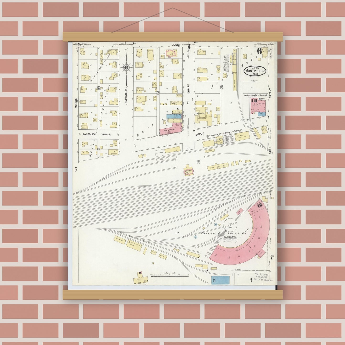 Old map wall art mockup — magnetic wood frame on brick wall — Sanborn Fire Insurance Map from Montpelier, Williams County, Ohio (1916), Sheet #0006