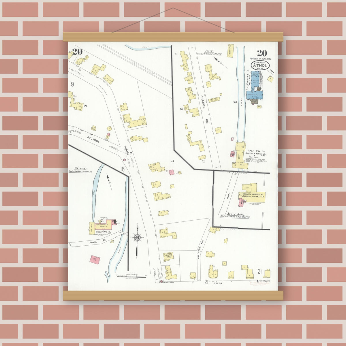 Old map wall art mockup — magnetic wood frame on brick wall — Sanborn Fire Insurance Map from Athol, Worcester County, Massachusetts (1936), Sheet #0020