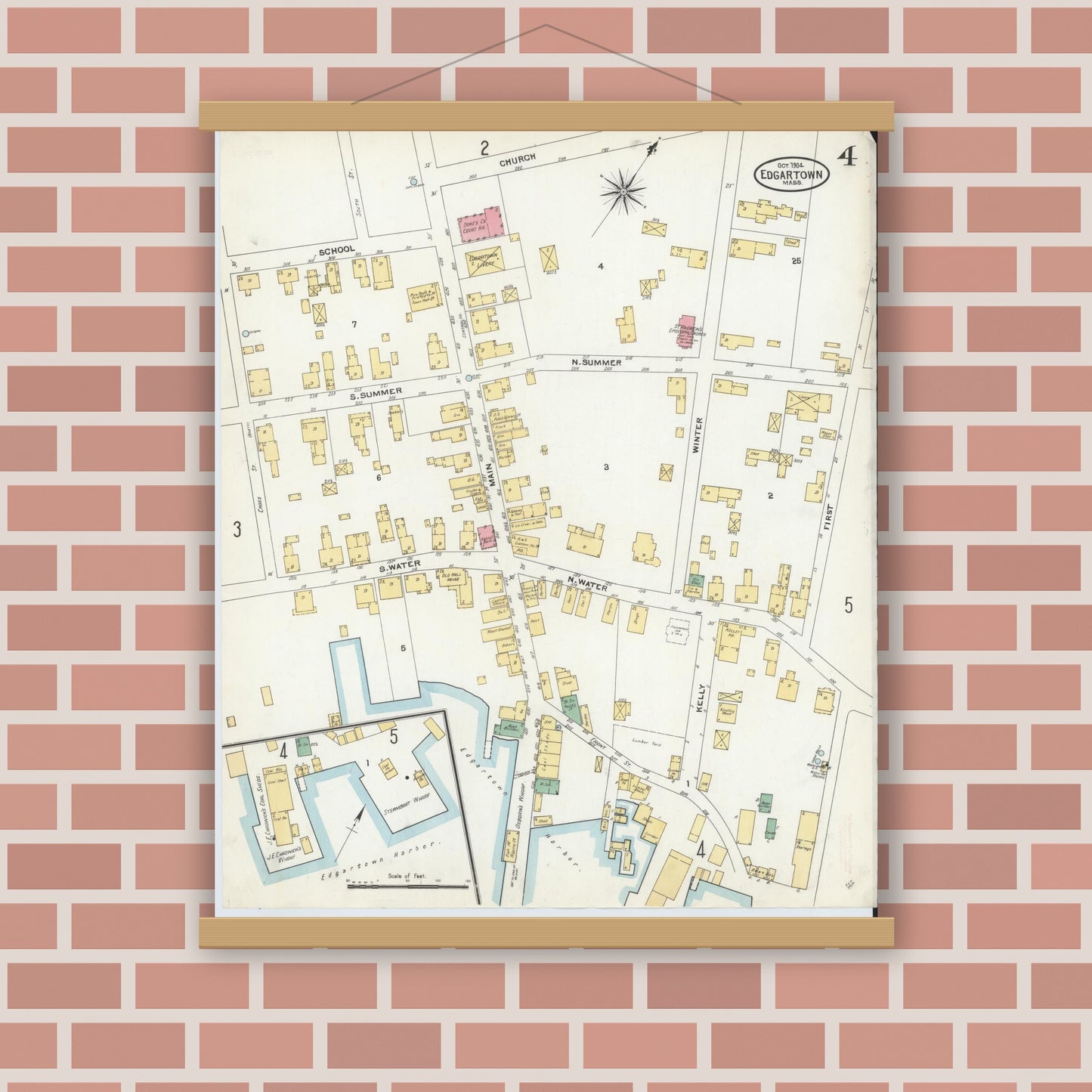 Old map wall art mockup — magnetic wood frame on brick wall — Sanborn Fire Insurance Map from Edgartown, Dukes County, Massachusetts (1904), Sheet #0004
