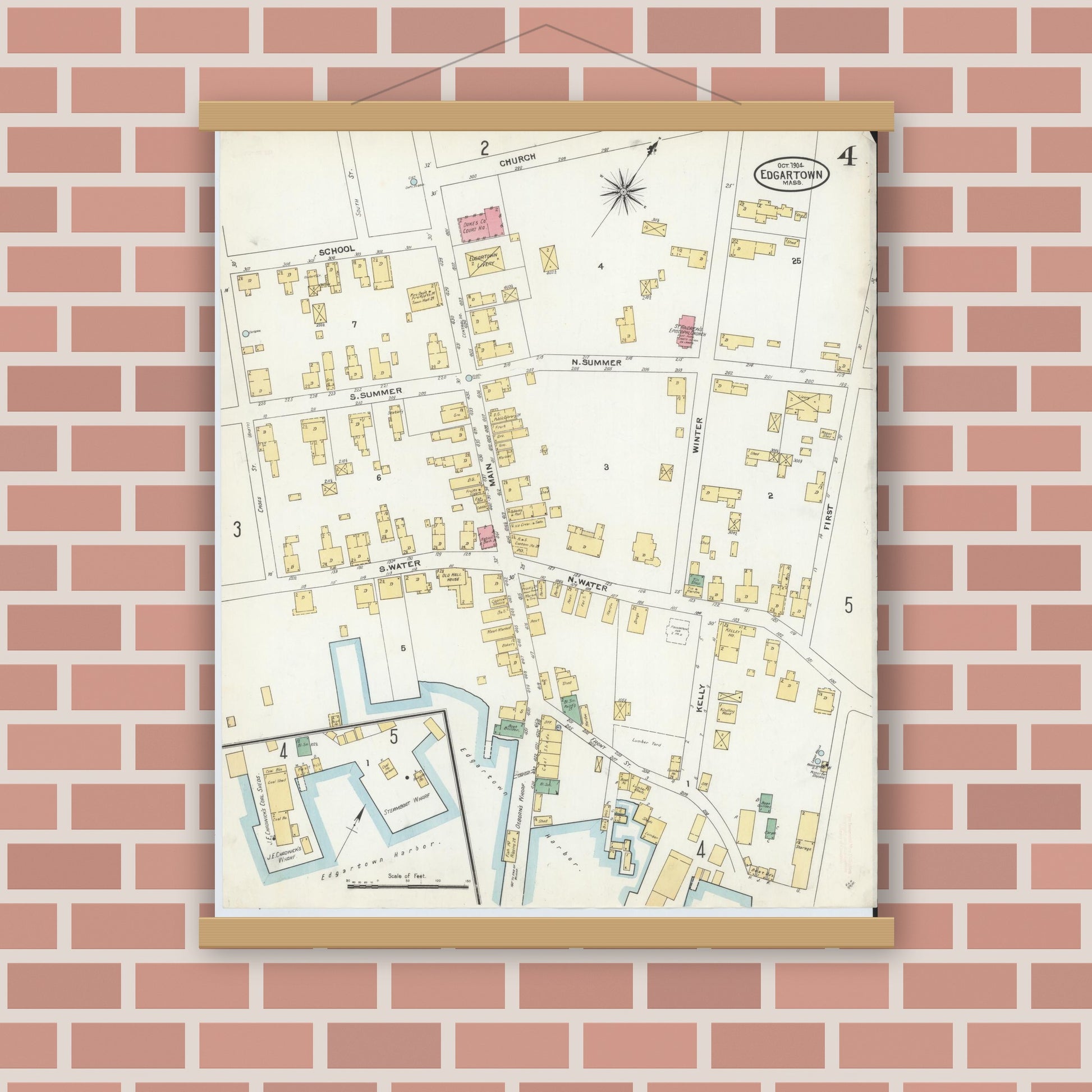 Old map wall art mockup — magnetic wood frame on brick wall — Sanborn Fire Insurance Map from Edgartown, Dukes County, Massachusetts (1904), Sheet #0004