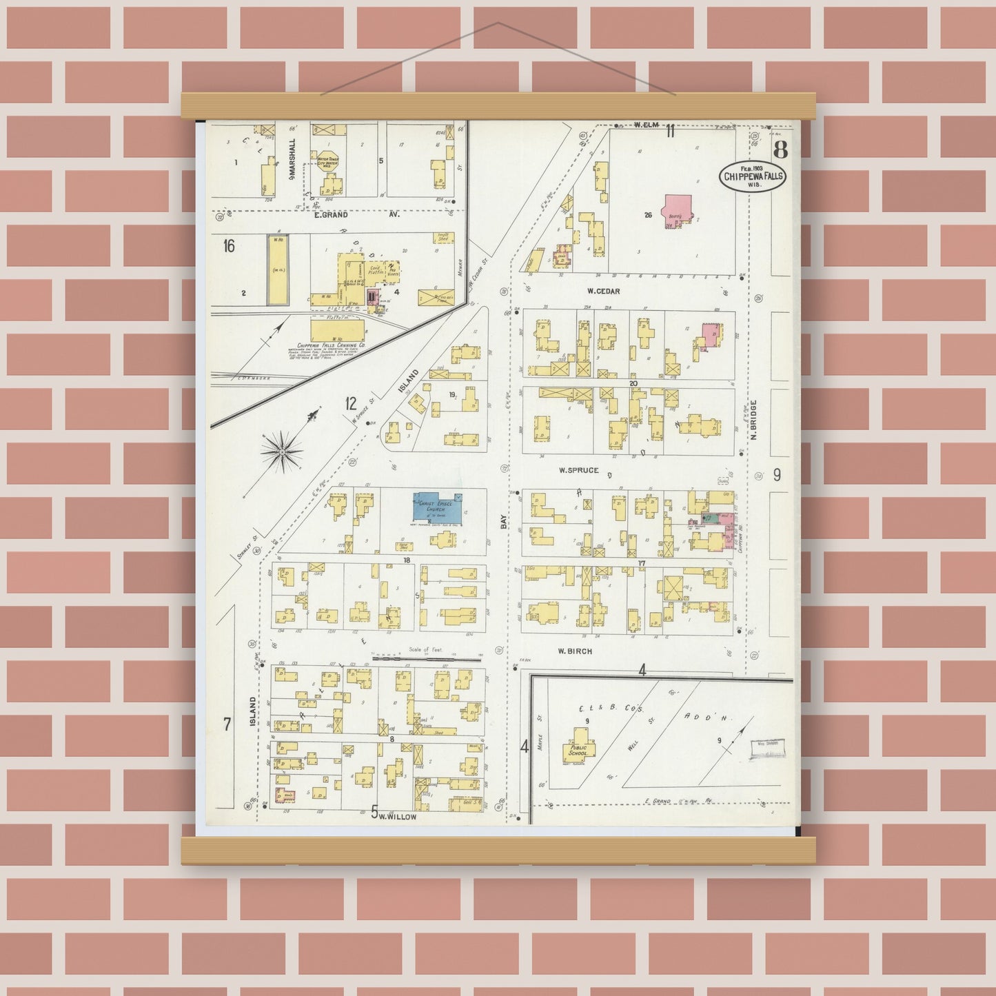 Old map wall art mockup — magnetic wood frame on brick wall — Sanborn Fire Insurance Map from Chippewa Falls, Chippewa County, Wisconsin (1903), Sheet #0008