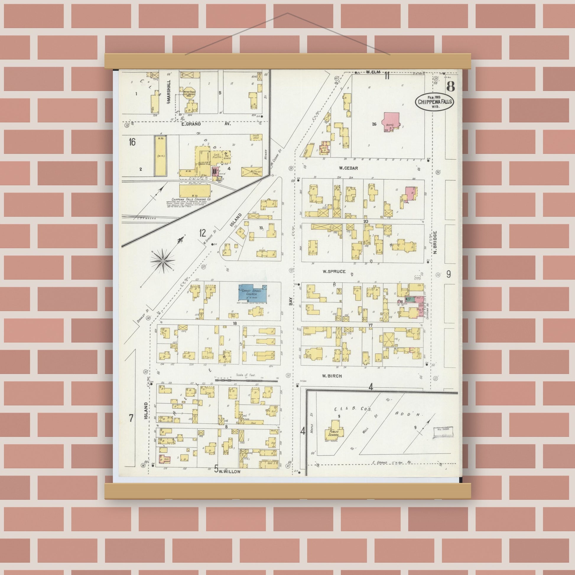 Old map wall art mockup — magnetic wood frame on brick wall — Sanborn Fire Insurance Map from Chippewa Falls, Chippewa County, Wisconsin (1903), Sheet #0008