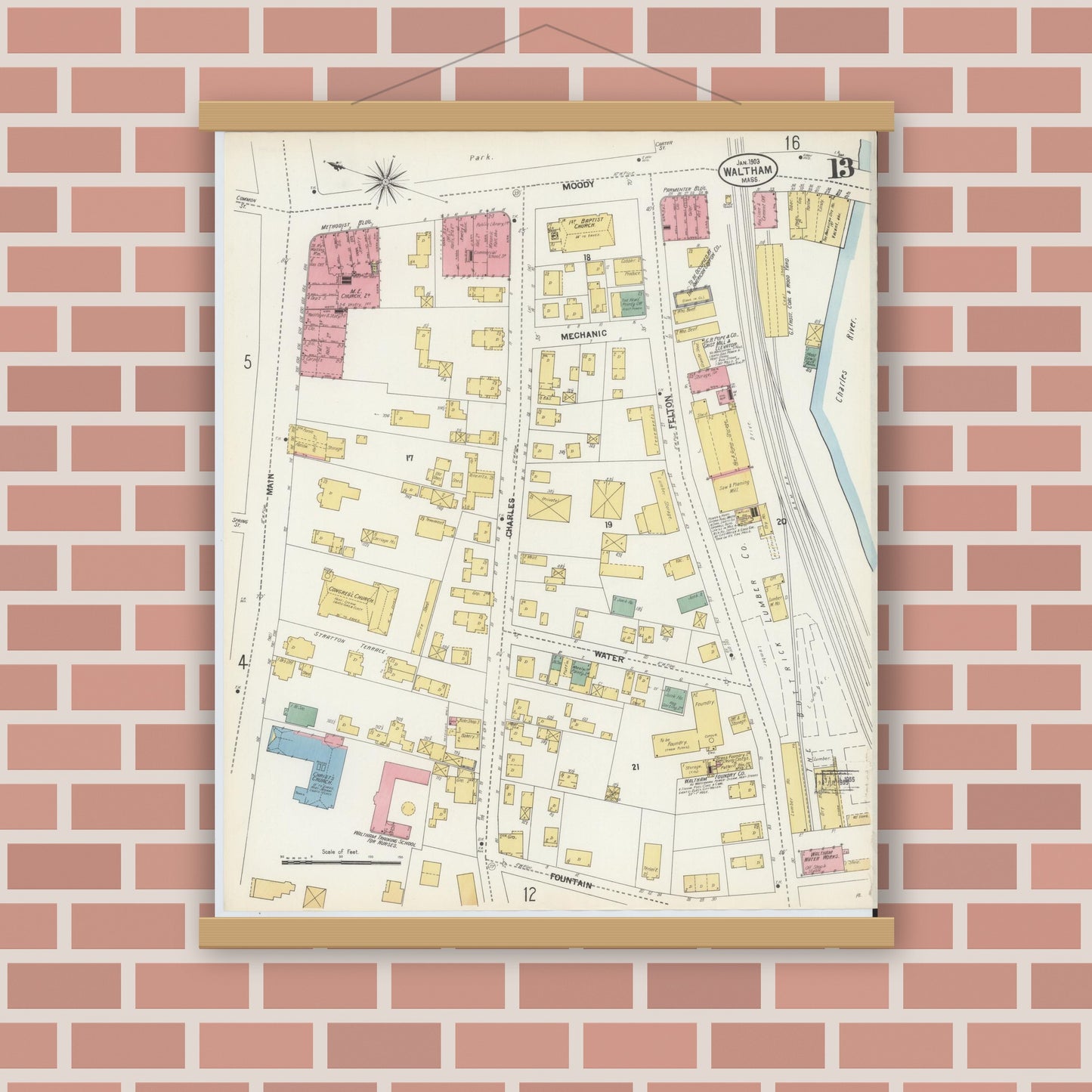 Old map wall art mockup — magnetic wood frame on brick wall — Sanborn Fire Insurance Map from Waltham, Middlesex County, Massachusetts (1903), Sheet #0013